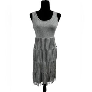 Kate & Mallory Stretch Knit Scoop Neck Fringed Hem Dress Grey Boho